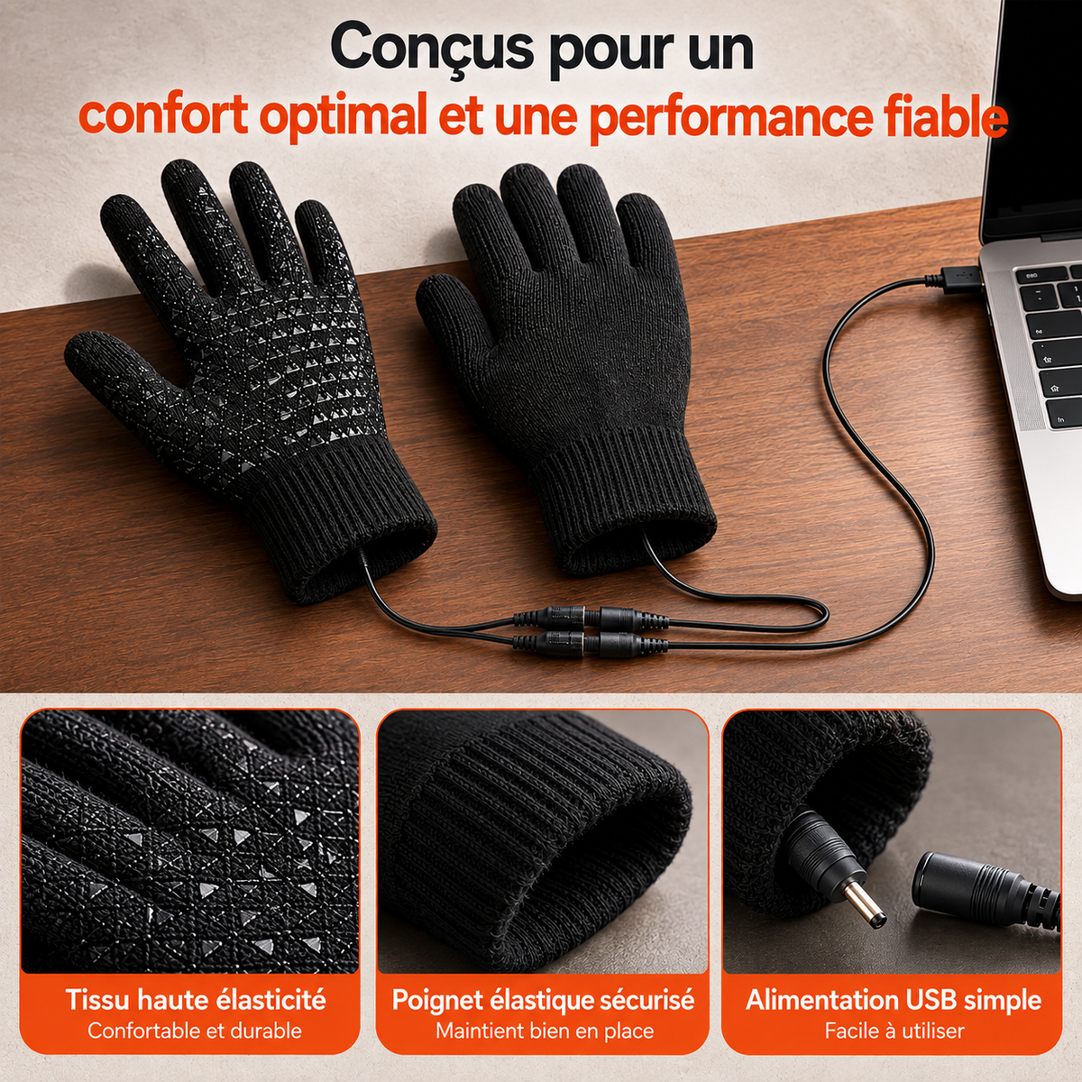 Gants chauffants USB reliés à un ordinateur portable, poignet élastique