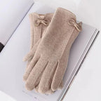 Gants femme laine beige, nœud décoratif, vue de face
