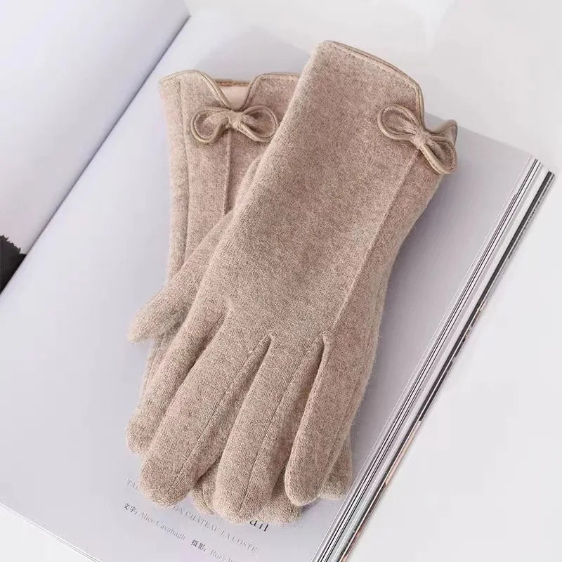 Gants femme laine beige, nœud décoratif, vue de face