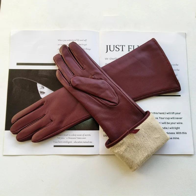 Gants cuir femme mi-bras, coloris bourgogne, bordure en fourrure repliée