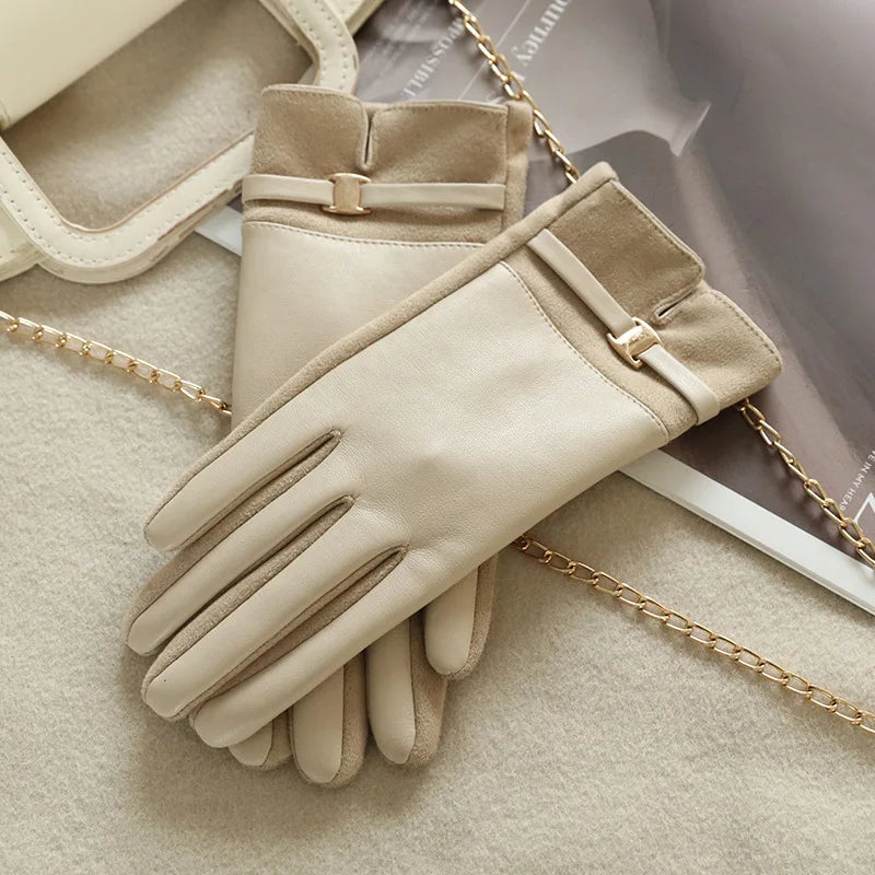 Gants femme bicolores blanc