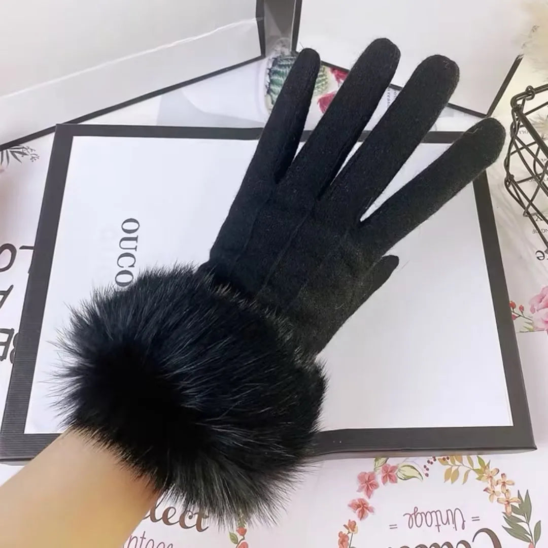 Gants femme peluche epaisse doigts complets, coloris noir