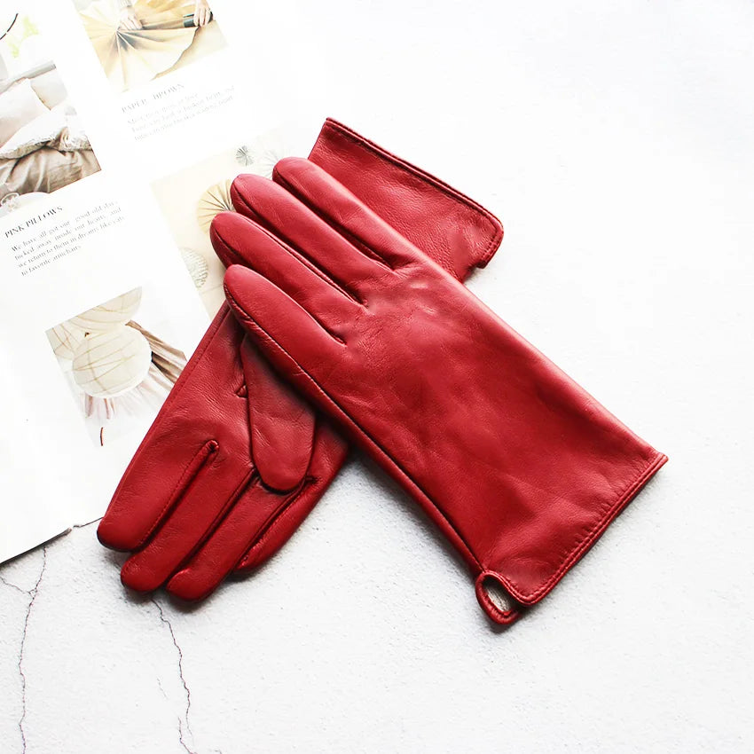 Gant femme rouge foncé en cuir de mouton, coupe droite