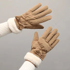 Gant femme camel, nœud et revers fausse fourrure