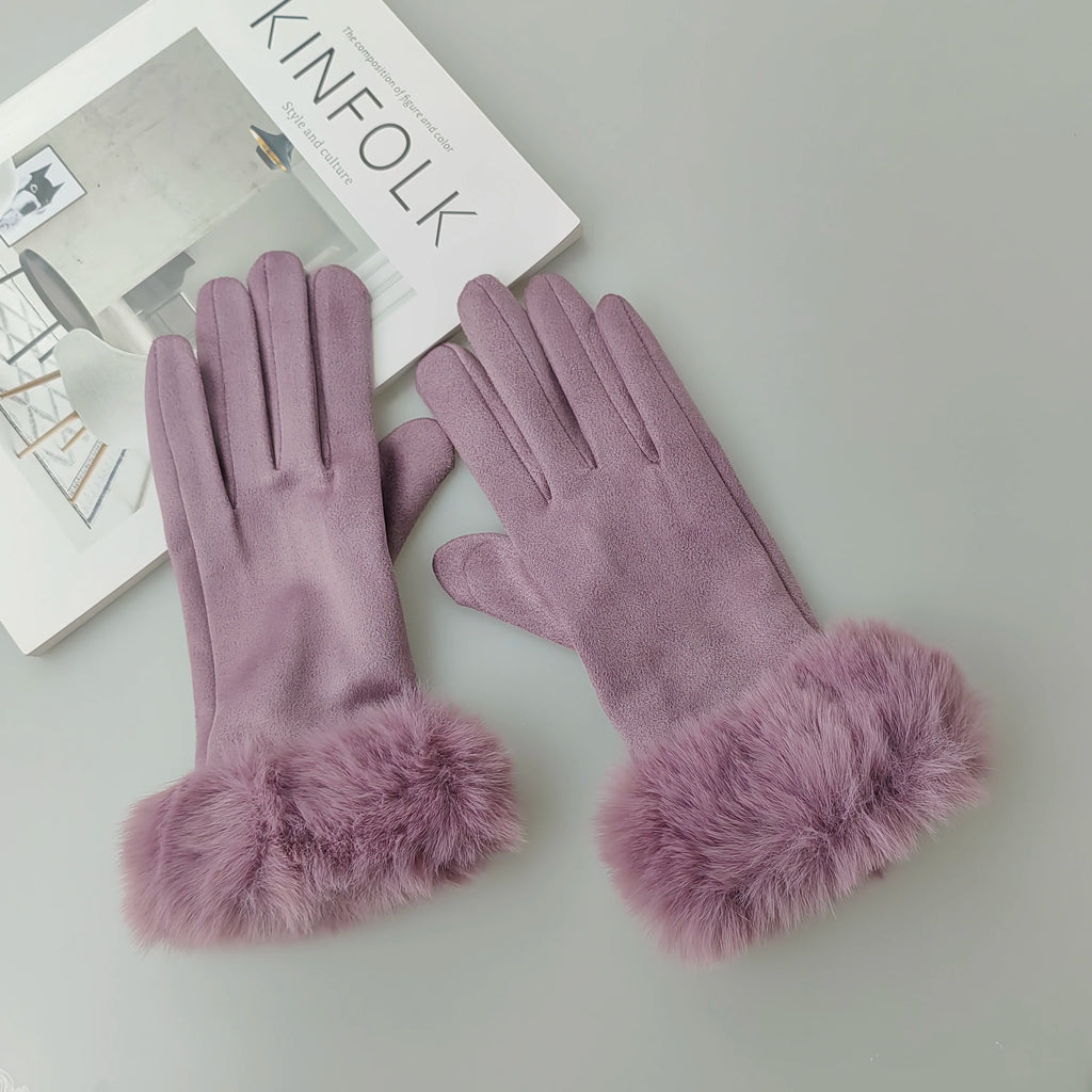 Gants femme suédine, coloris mauve, bordure fourrure
