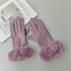 Gants femme suédine, coloris mauve, bordure fourrure