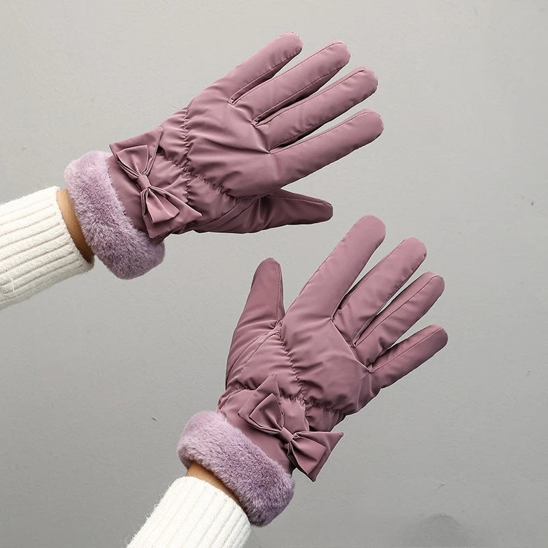 Gant femme mauve en nylon matelassé, nœud décoratif