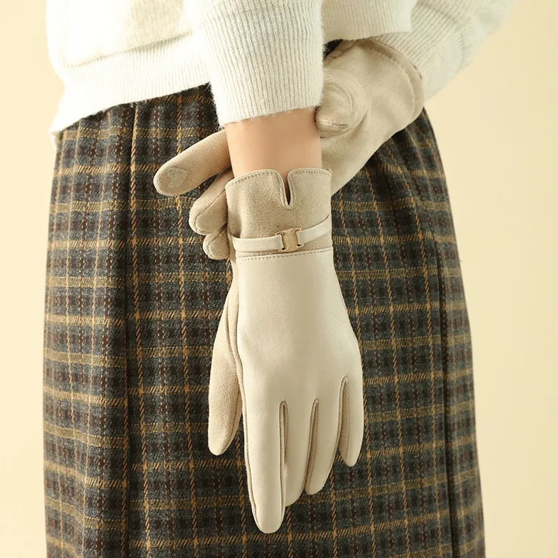 Gants femme bicolores, vue de la paume en cuir PU