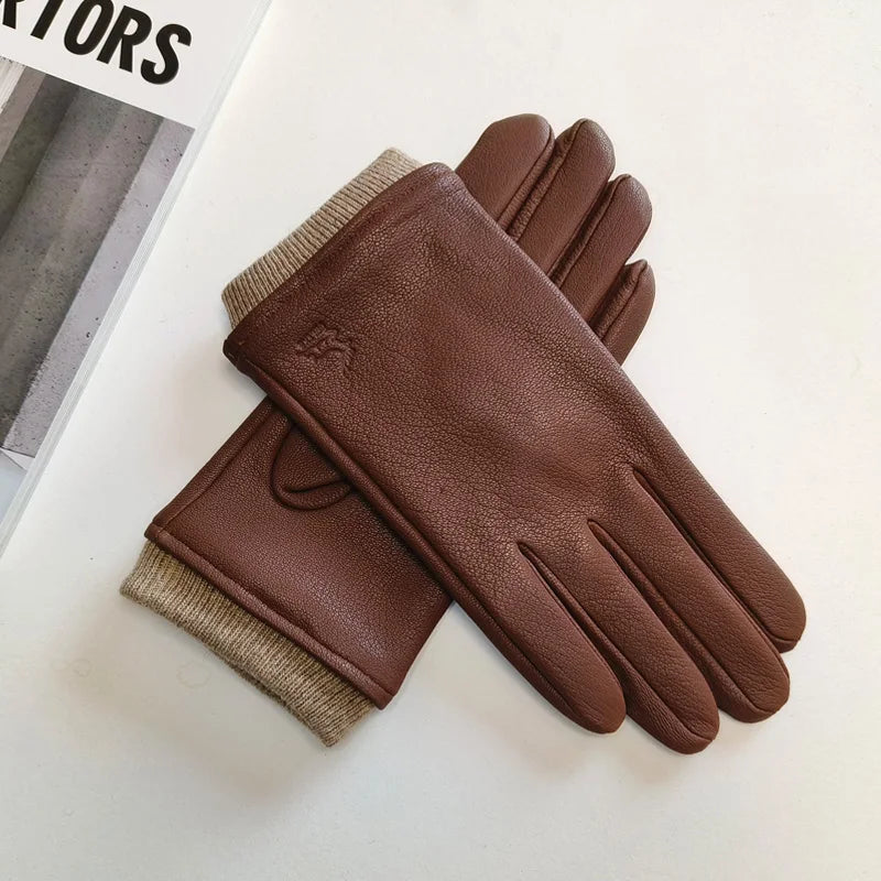 Paire de gants cuir homme en peau de cerf camel, revers tricoté beige