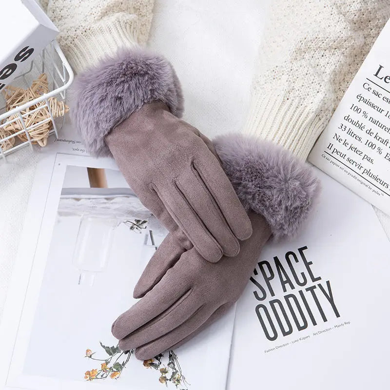 Gants femme suédine, coloris taupe, bordure fourrure