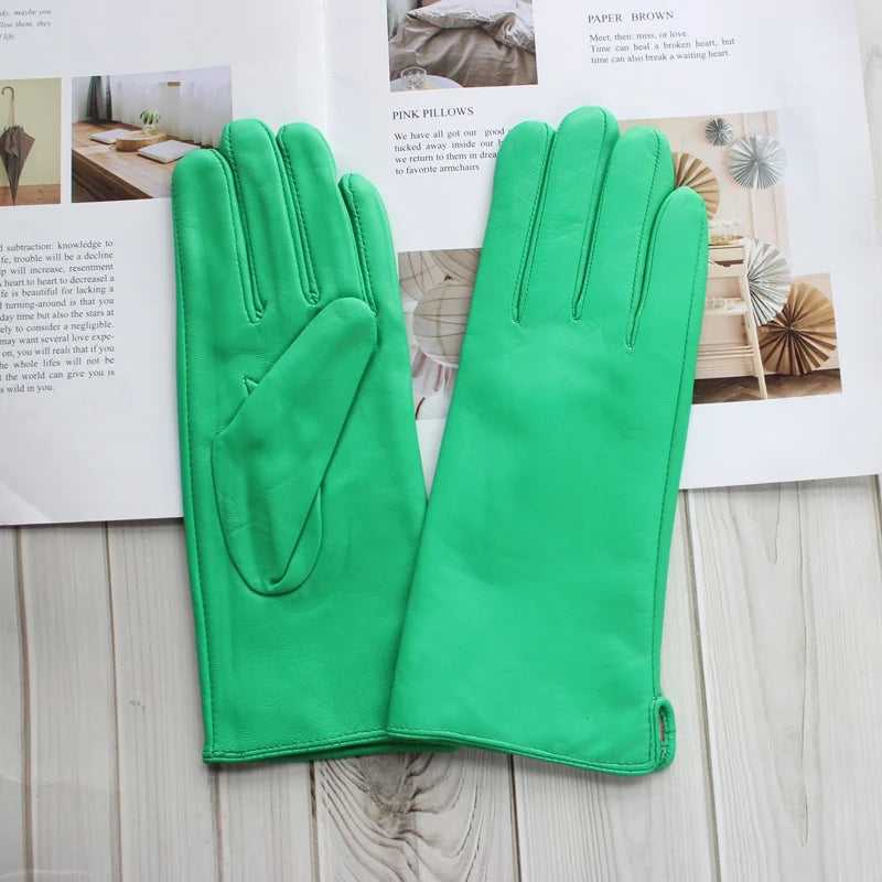 Gant femme vert émeraude en cuir de mouton, coupe droite