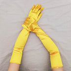 Gant long femme en satin jaune, 55 cm, posé à plat