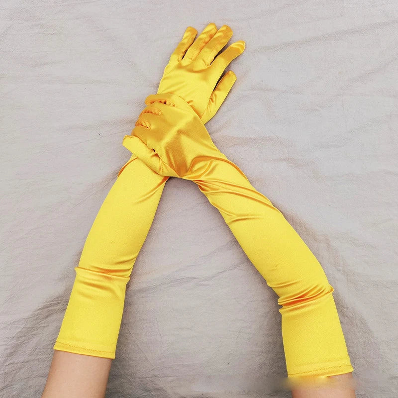 Gant long femme en satin jaune, 55 cm, posé à plat