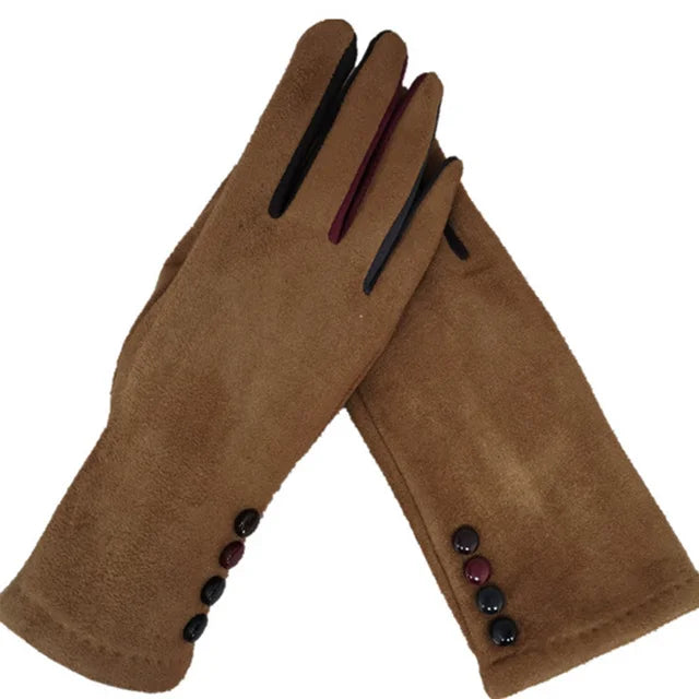 Gants femme suédine cognac, revers fausse fourrure et nœud