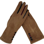 Gants femme suédine cognac, revers fausse fourrure et nœud