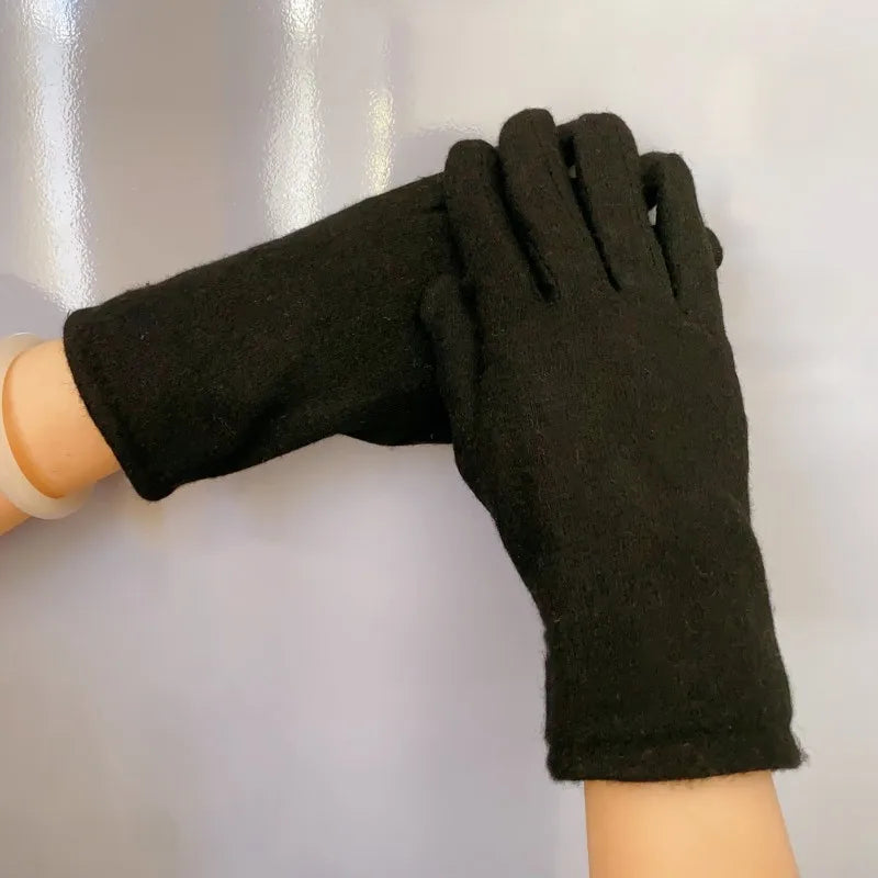 Gant femme noir mat en laine, nœud décoratif