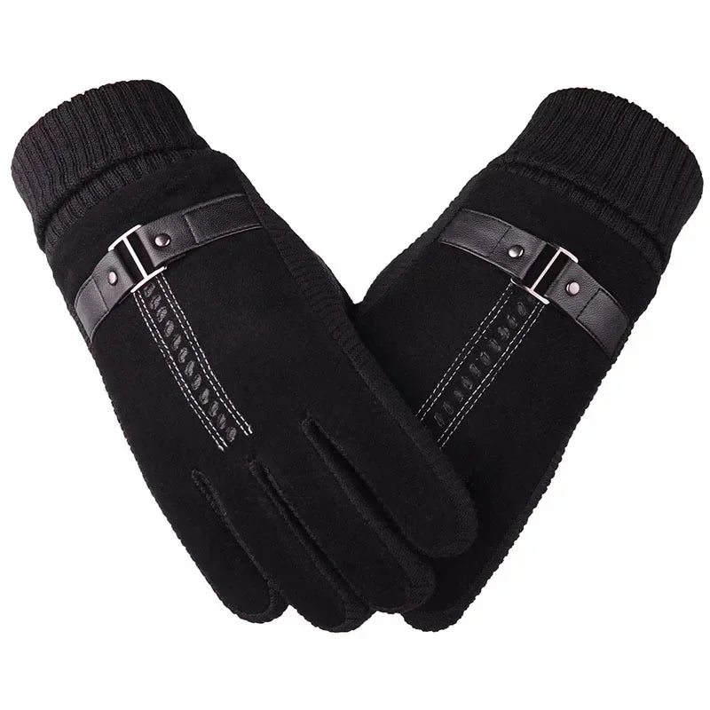 Paire de gants homme en daim noir, revers tricoté noir et patte à boucle
