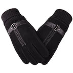 Paire de gants homme en daim noir, revers tricoté noir et patte à boucle