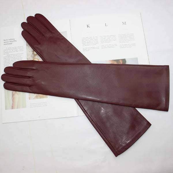 Gants cuir femme longs, coloris vin rouge, posés à plat