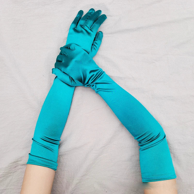 Gant long femme en satin turquoise, 55 cm, posé à plat