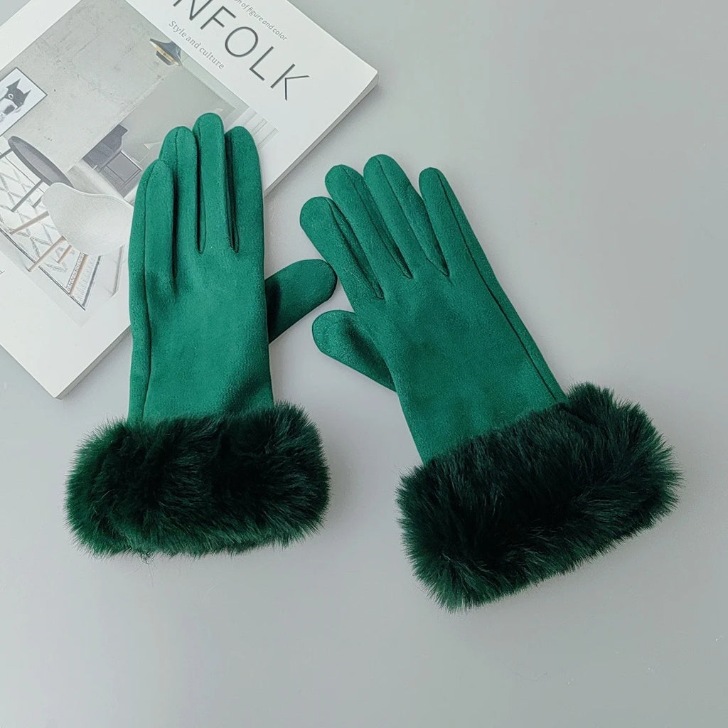 Gants femme suédine, coloris vert bouteille, bordure fourrure