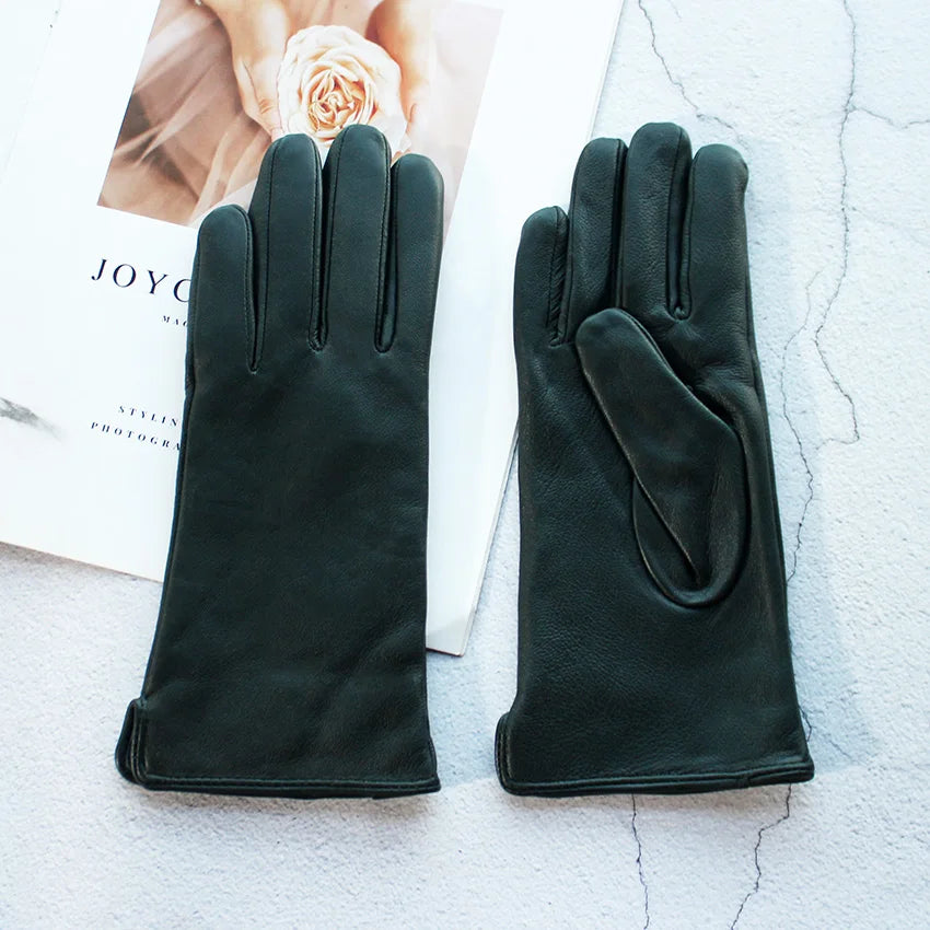 Gant femme vert foncé en cuir de mouton, coupe droite