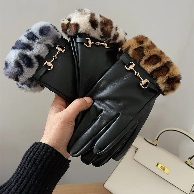Gants femme en cuir PU, les trois coloris de fourrure léopard