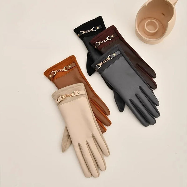 Gants similicuir femme, plusieurs coloris, chaîne dorée au poignet