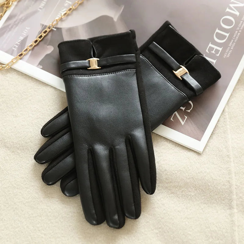 Gants femme bicolores noir, boucle dorée au poignet