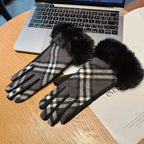 Gants femme tartan gris foncé, revers fausse fourrure