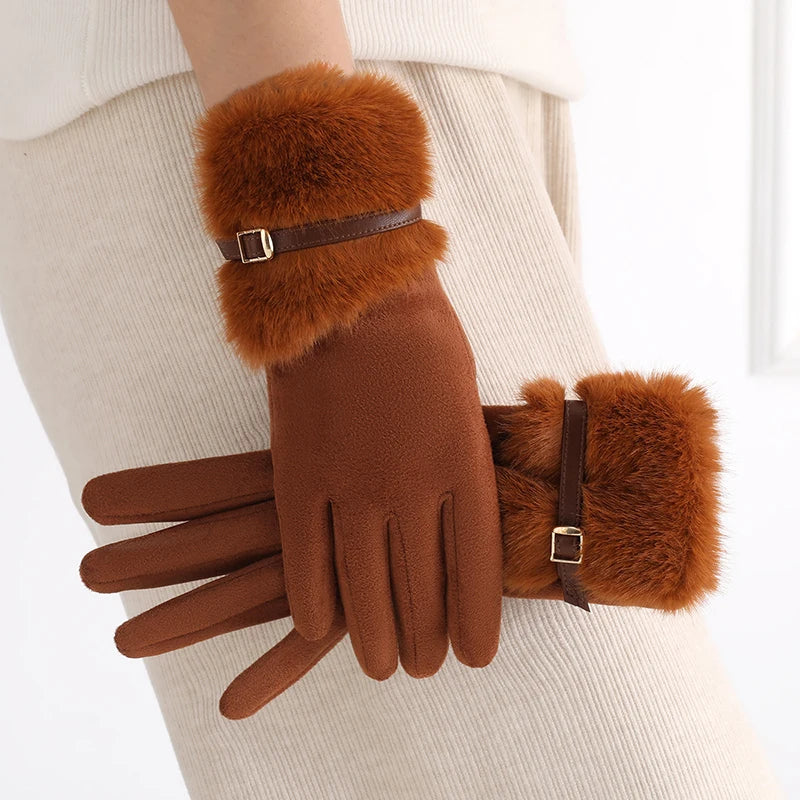 Gant femme cognac doublé polaire, revers peluche
