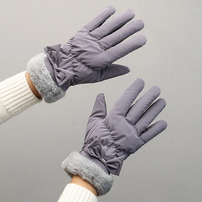 Gant femme gris en nylon matelassé, nœud décoratif