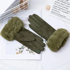 Gants femme suédine, coloris vert armée, bordure fourrure