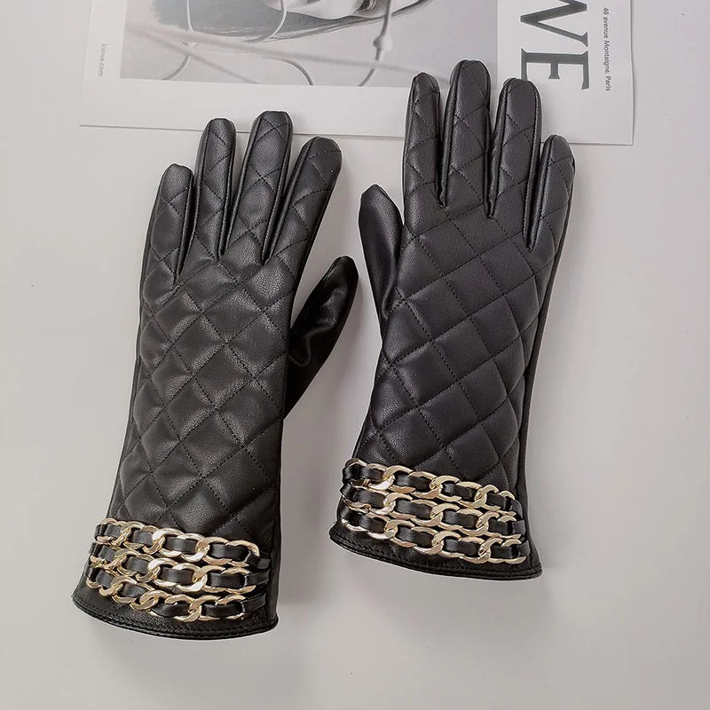 Gants femme cuir matelasse chaine doree, coloris noir