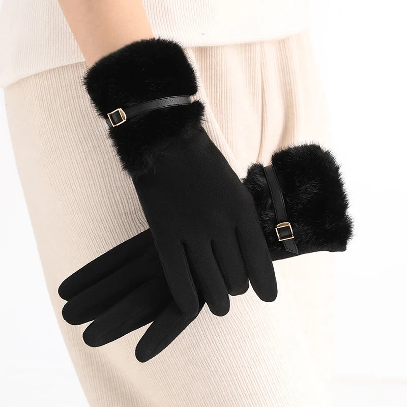 Gant femme noir doublé polaire, revers peluche