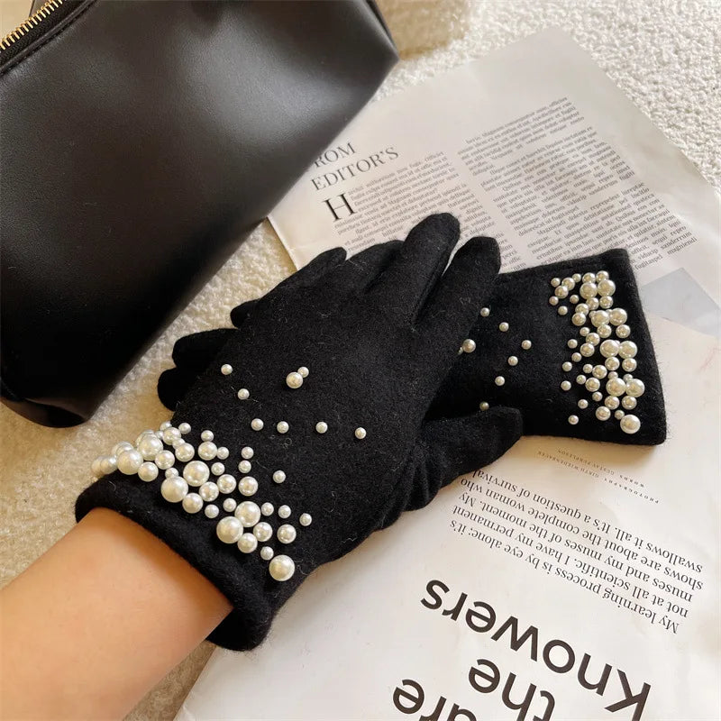 Gants femme empiecement perle et strass, coloris noir