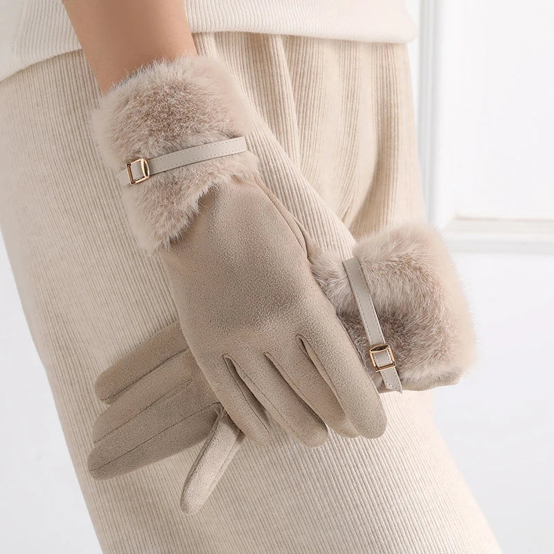 Gant femme beige doublé polaire, revers peluche