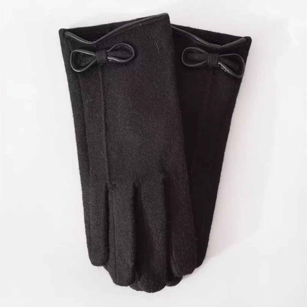 Gant femme noir en laine, nœud décoratif