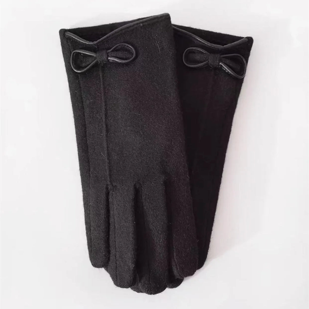 Gant femme noir en laine, nœud décoratif
