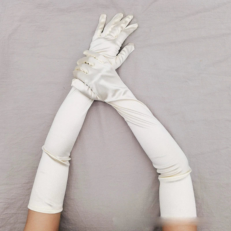 Gant long femme en satin ivoire, 55 cm, posé à plat