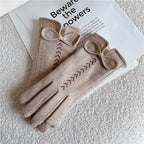 Gants femme laine camel, nœud décoratif, vue de face