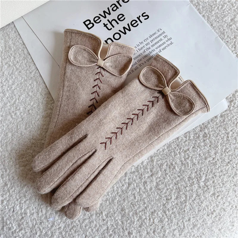 Gants femme laine camel, nœud décoratif, vue de face