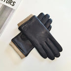 Paire de gants cuir homme en peau de cerf noir, revers tricoté beige