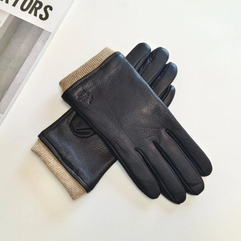 Paire de gants cuir homme en peau de cerf noir, revers tricoté beige