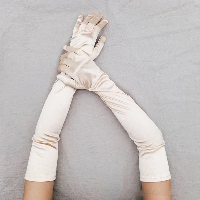 Gant long femme en satin champagne, 55 cm, posé à plat