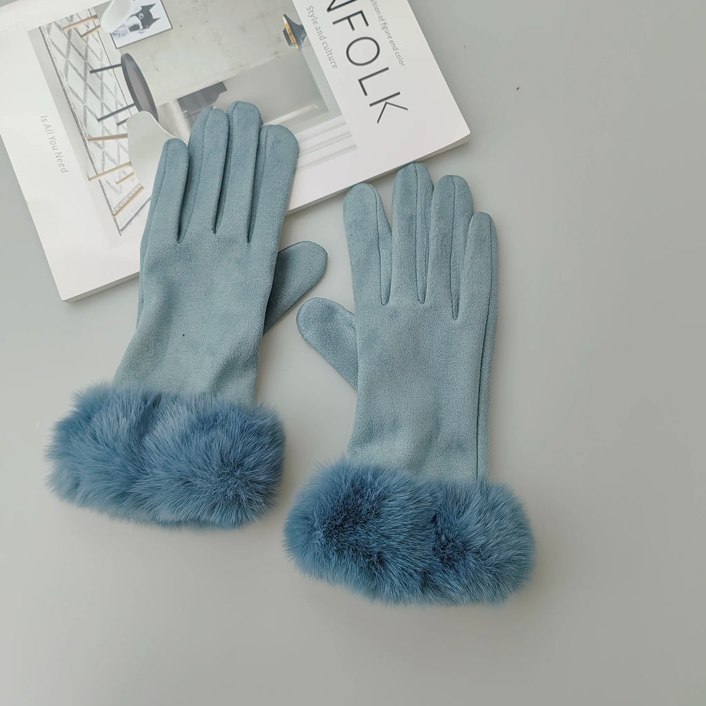 Gants femme suédine, coloris bleu gris, bordure fourrure