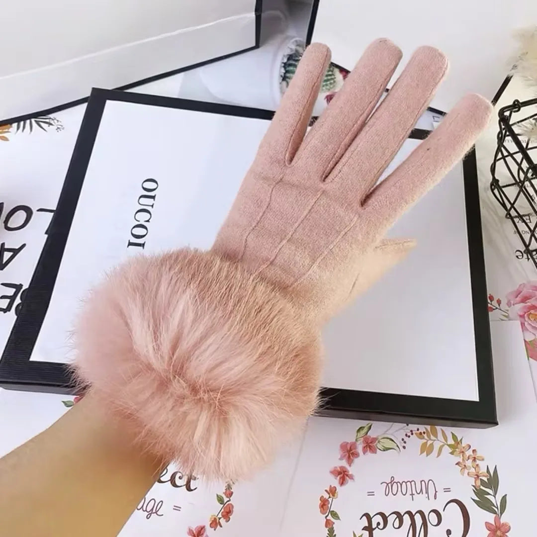 Gants femme peluche epaisse doigts complets, coloris rose