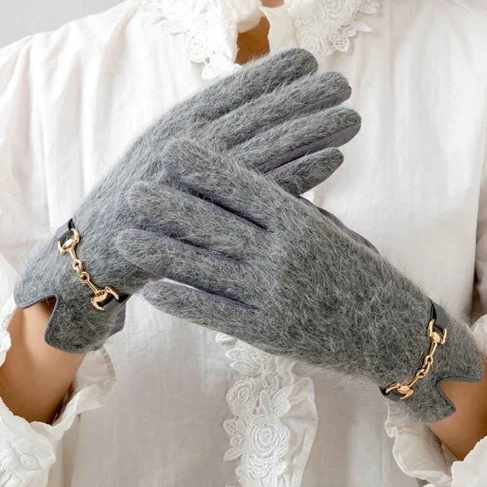 Gant femme gris en fourrure véritable, boucle dorée