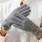 Gant femme gris en fourrure véritable, boucle dorée