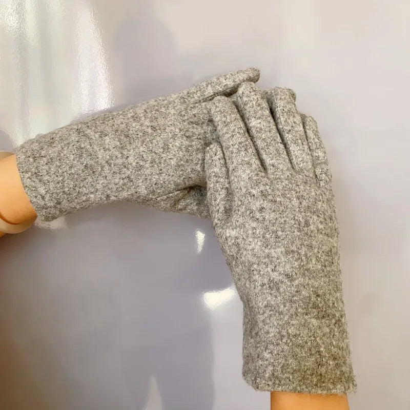 Gant femme gris chiné en laine, nœud décoratif